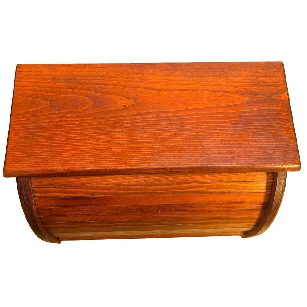 Vintage Wooden Roll Top Bread Box Kitchen Counter Storage Farmhouse Brown MCM